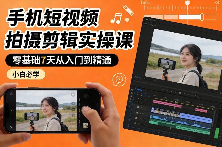 手机短视频拍摄剪辑实操课,零基础7天从入门到精通,小白必学-秀朋网创